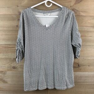 CJ Banks Womens Shirt 3/4 Ruched Cinch Tie Sleeve Vneck Geometric Size X